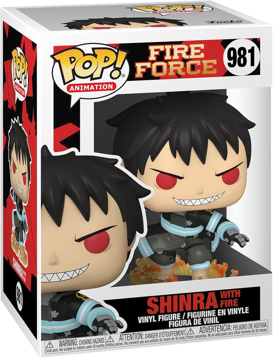 Funko Pop! vinyl figure packaging for Shinra from Fire Force with red eyes and black hair.