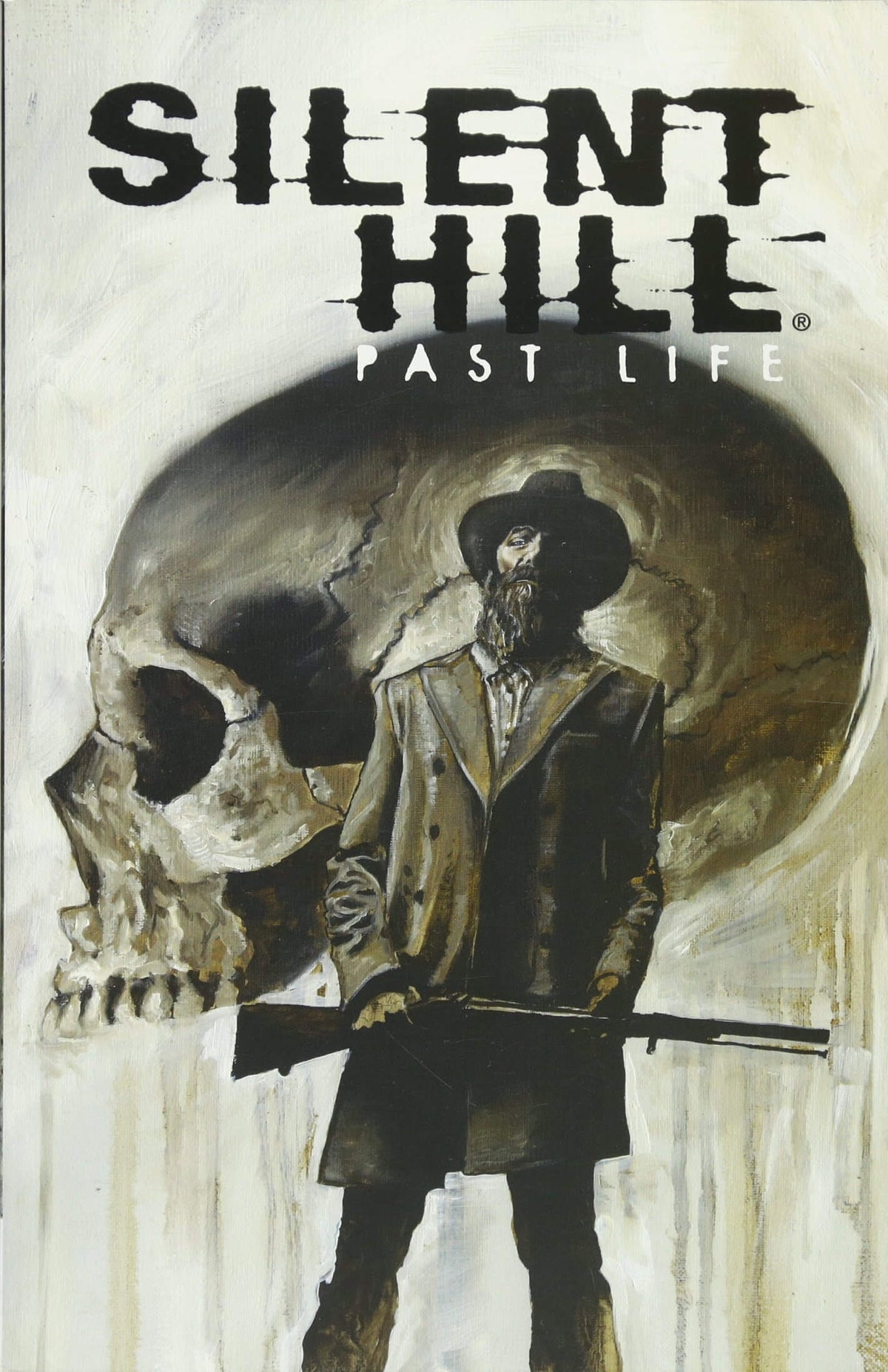 Cover of the comic book 'Silent Hill: Past Life', featuring a black and white illustration of a man in a suit with a gun, with a skull in the background.