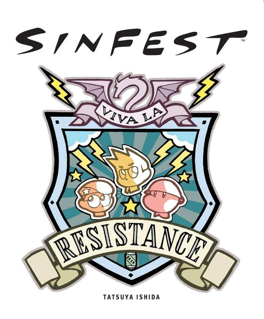 A graphic design featuring the word 'SINFEST' at the top, a stylized crest with the words 'VIVA LA RESISTANCE' on banners, and the name 'TATSUYA ISHIDA' at the bottom, all on a white background.