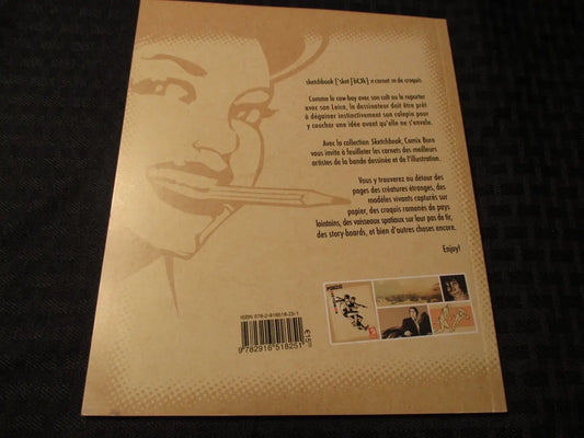 The back cover of a French book by ponzio, featuring a sepia-toned design with a faint portrait, text, a barcode, and small inset photographs, photographed on a dark textured surface.