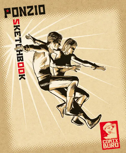 Ponzio Sketchbook cover featuring a stylized illustration of two people skateboarding against a tan halftone background, with the title 'PONZIO SKETCHBOOK' and a 'Comix Buro' logo.