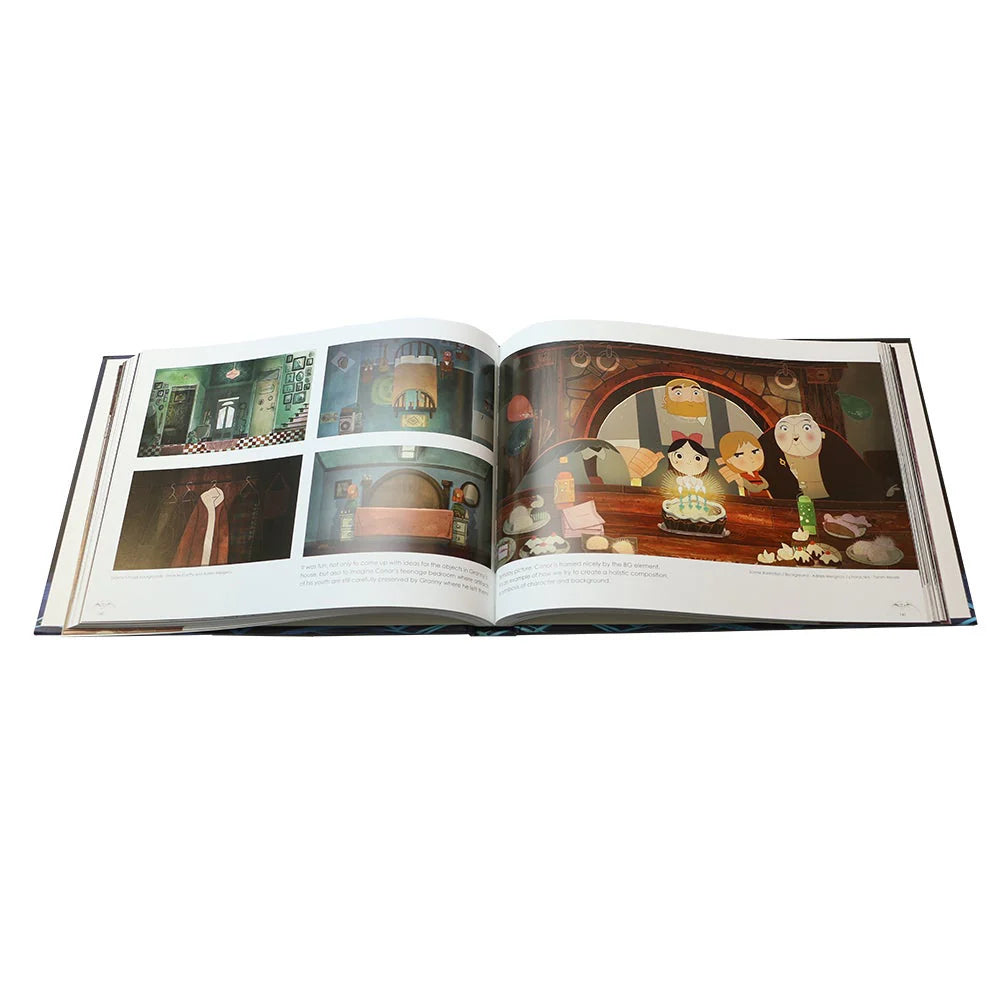 Open book with illustrations on a white background