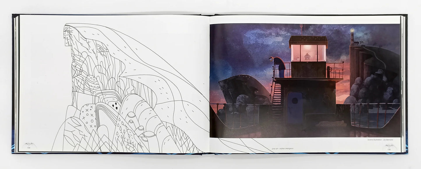Open book showing a line drawing of a whale and a color illustration of a futuristic scene with a woman and a robot.