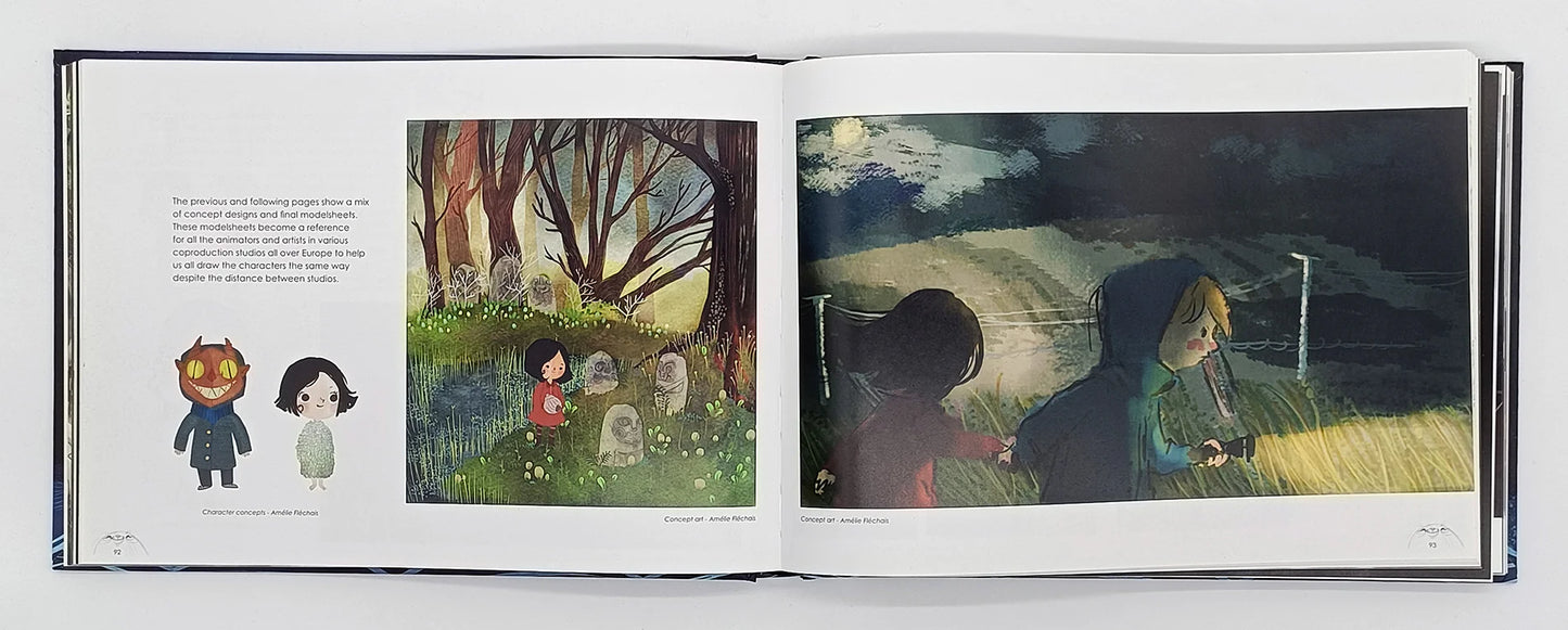 Open book showing illustrations of children in a garden and a field at night.