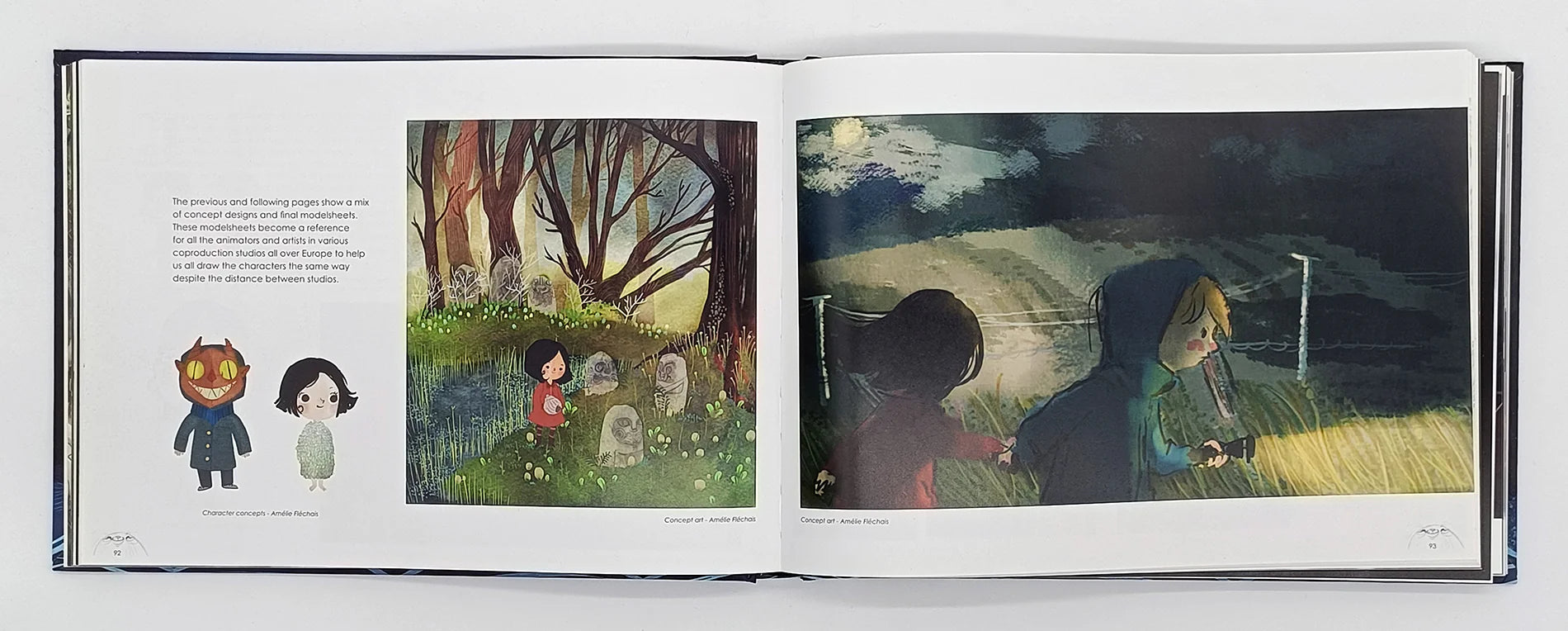 Open book showing illustrations of children in a garden and a field at night.