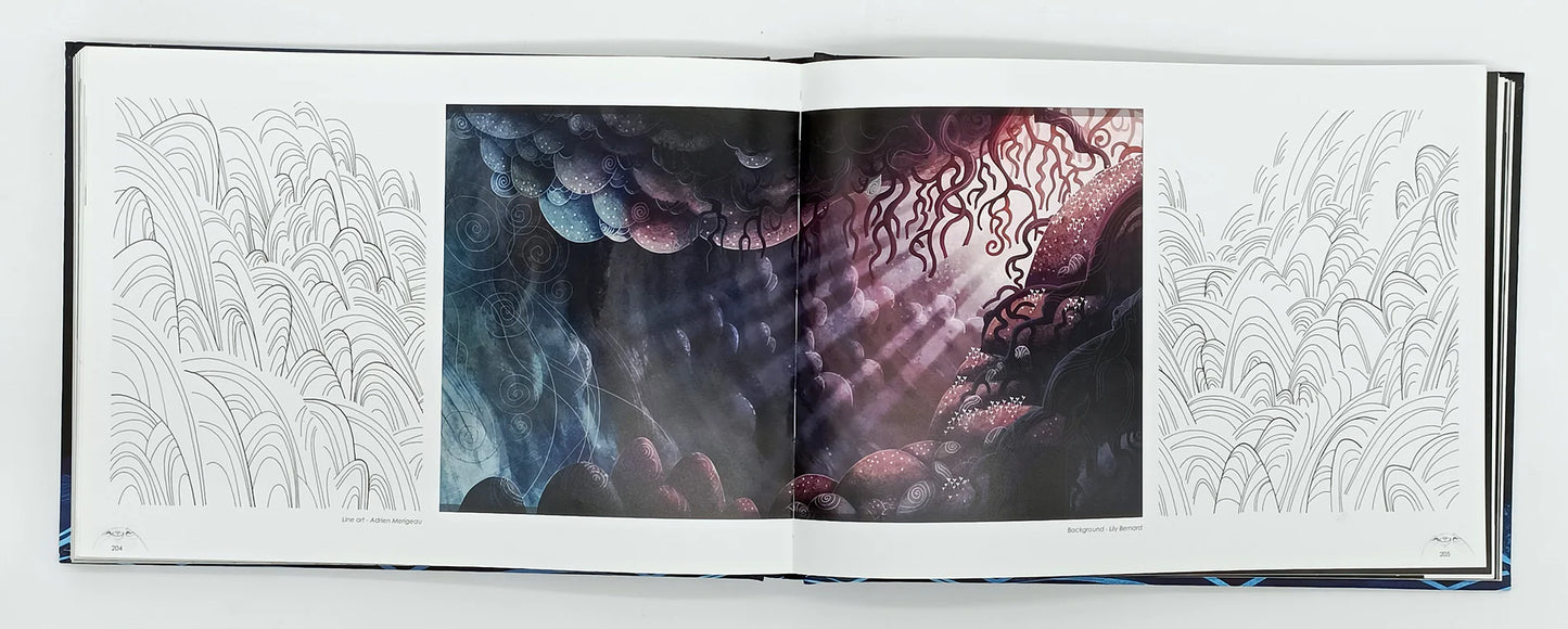 Open book with abstract art on one page and white patterns on the other