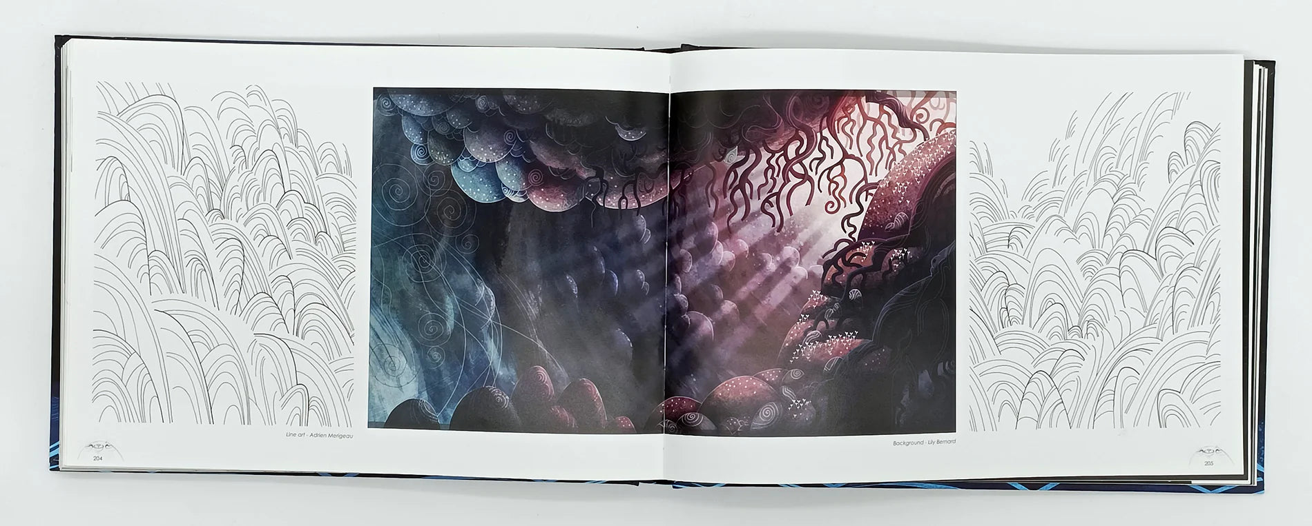 Open book with abstract art on one page and white patterns on the other