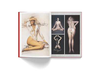 Open book displaying images of a woman in various poses on a white background