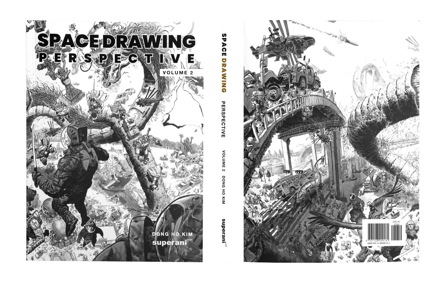 Front and back covers of the book 'Space Drawing Perspective Volume 2' by Dong Ho Kim, featuring detailed black and white sci-fi illustration