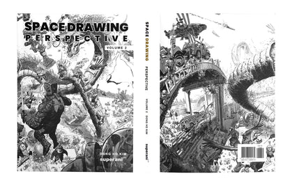 Front and back covers of the book 'Space Drawing Perspective Volume 2' by Dong Ho Kim, featuring detailed black and white sci-fi illustration