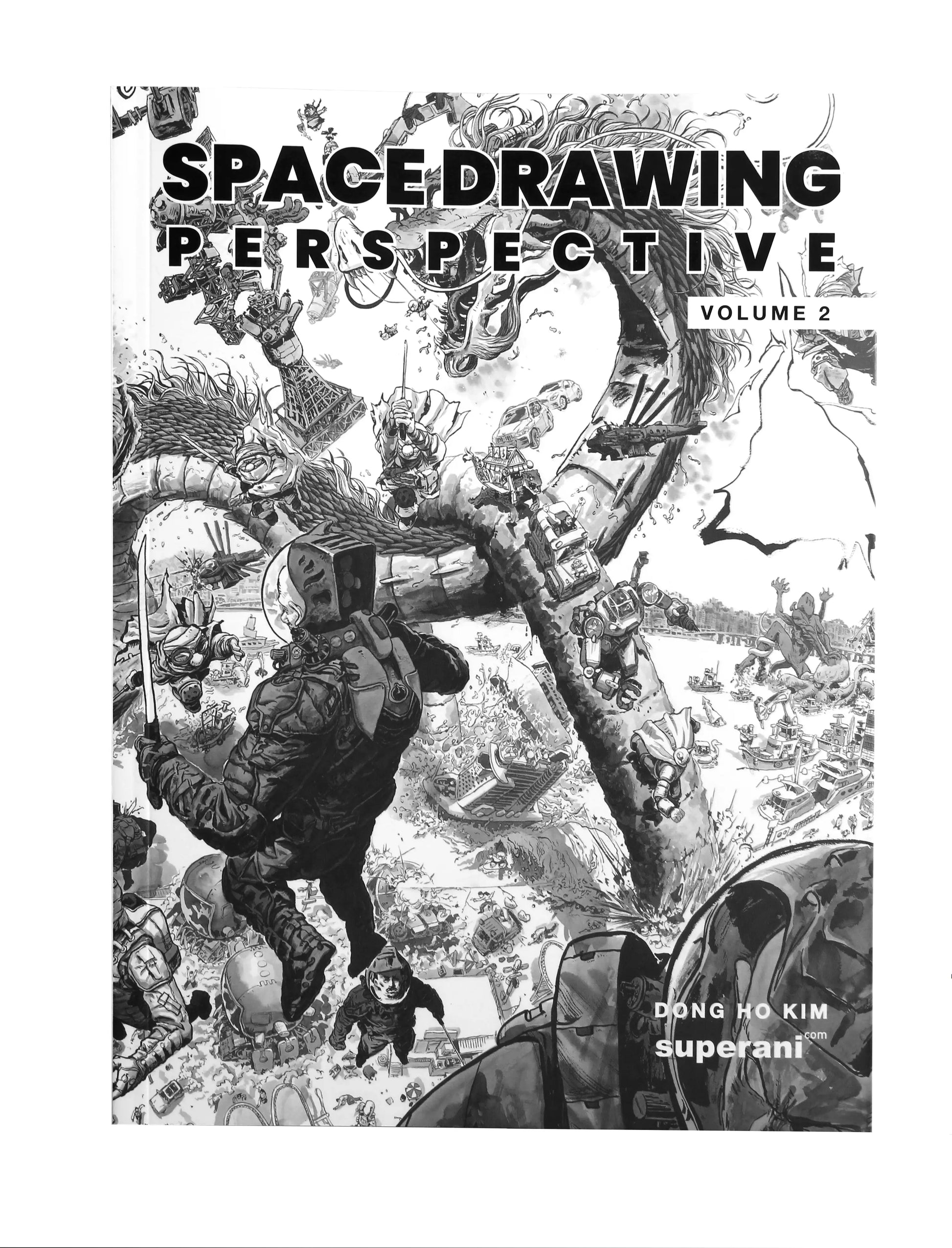 Front cover of the book 'Space Drawing Perspective Volume 2' by Dong Ho Kim (superani), featuring a highly detailed black and white sci-fi illustration of a space soldier.