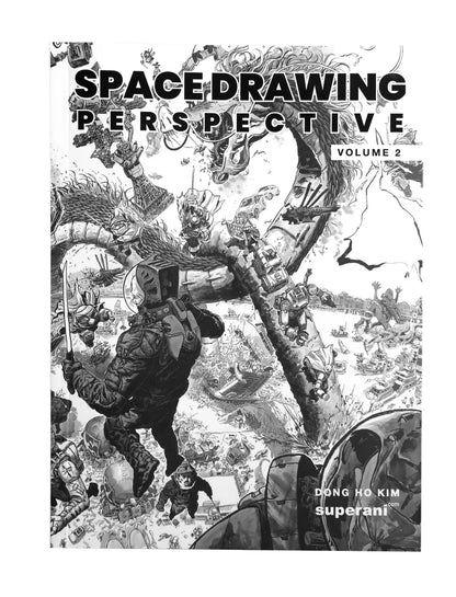 Front cover of the book 'Space Drawing Perspective Volume 2' by Dong Ho Kim (superani), featuring a highly detailed black and white sci-fi illustration of a space soldier.