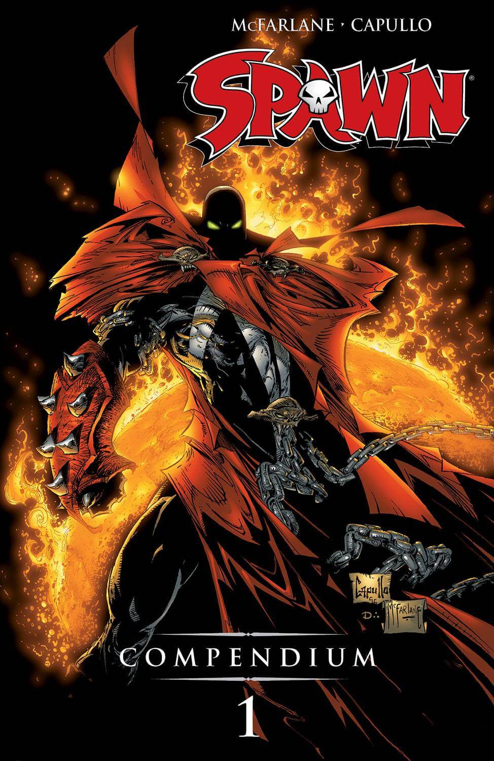 Cover of 'Spawn Compendium TP Vol 01' featuring a character in a red and black outfit with a spiked wristband, against a backdrop of flames.