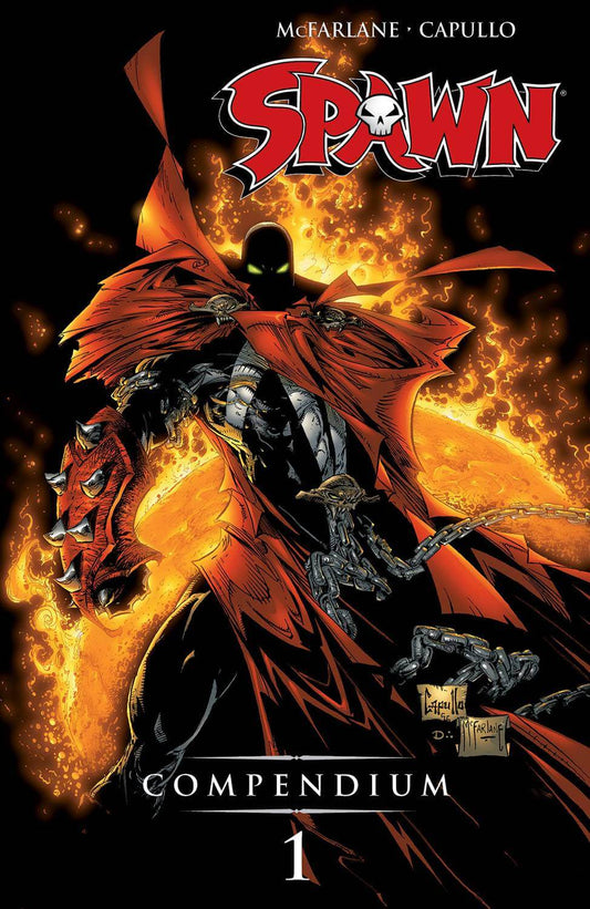Cover of 'Spawn Compendium TP Vol 01' featuring a character in a red and black outfit with a spiked wristband, against a backdrop of flames.
