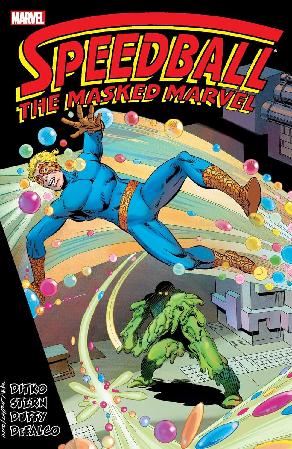 Comic book cover for Marvel's Speedball: The Masked Marvel, featuring the superhero Speedball in a blue suit flying through colorful bubbles, with a green masked opponent below and the Marvel logo in the top left.