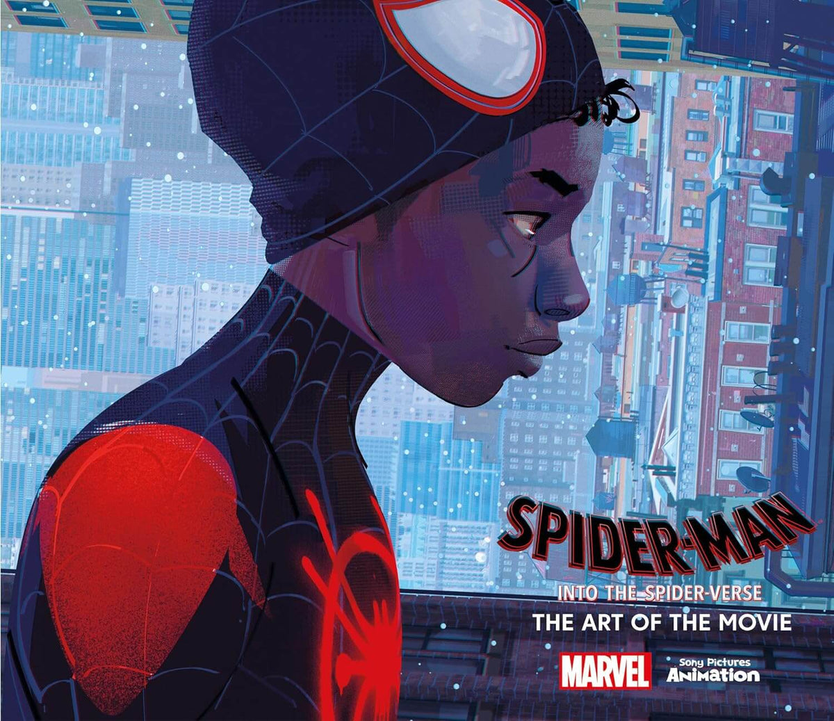 Cover of the book 'Spider-Man: Into the Spider-Verse Art of the Movie' featuring an illustration of the character Miles Morales in a Spider-Man suit, with a cityscape background.