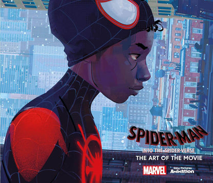 Cover of the book 'Spider-Man: Into the Spider-Verse Art of the Movie' featuring an illustration of the character Miles Morales in a Spider-Man suit, with a cityscape background.