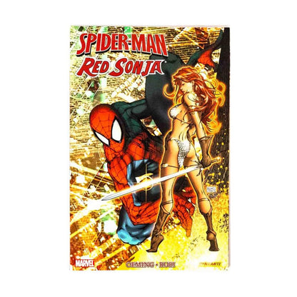 Comic book cover featuring Spider-Man and Red Sonja with dynamic pose and vibrant colors.