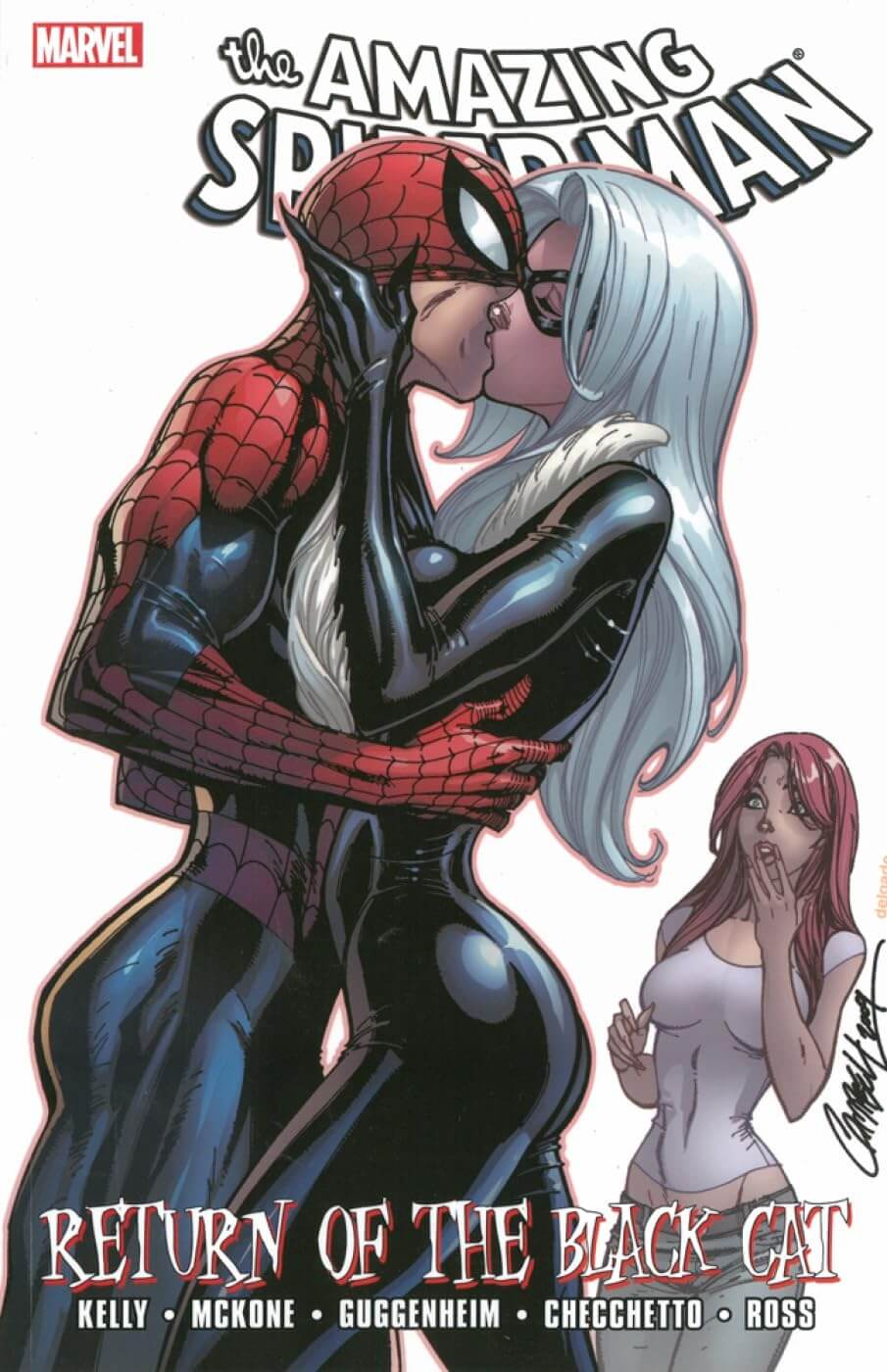 Comic book cover for Marvel's The Amazing Spider-Man: Return of the Black Cat, featuring Spider-Man and a woman with long white hair embracing, with a smaller woman in the lower right corner.