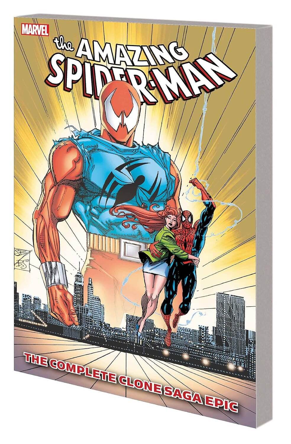 The Amazing Spider-Man: The Complete Clone Saga Epic paperback book, featuring a dynamic cover illustration of a giant orange and blue Spider-Man on a city skyline with a woman in the foreground, published by Marvel.