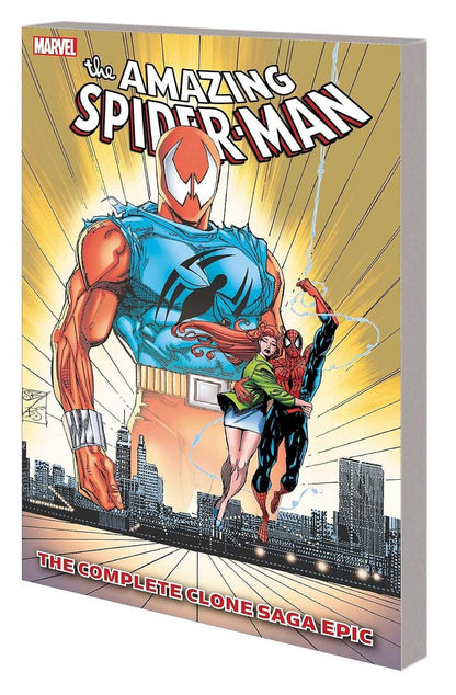 The Amazing Spider-Man: The Complete Clone Saga Epic paperback book, featuring a dynamic cover illustration of a giant orange and blue Spider-Man on a city skyline with a woman in the foreground, published by Marvel.