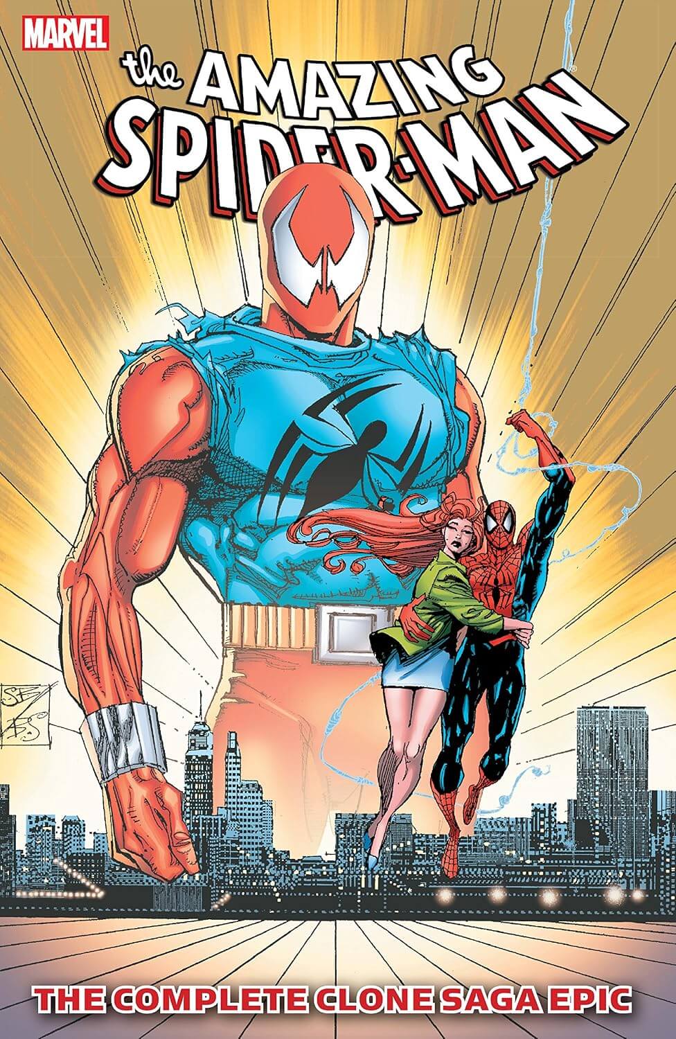 Marvel's The Amazing Spider-Man: The Complete Clone Saga Epic comic book cover, featuring a large muscular Spider-Man clone in a blue suit, a female hero in a green jacket, and another Spider-Man in a black suit against a yellow cityscape background.