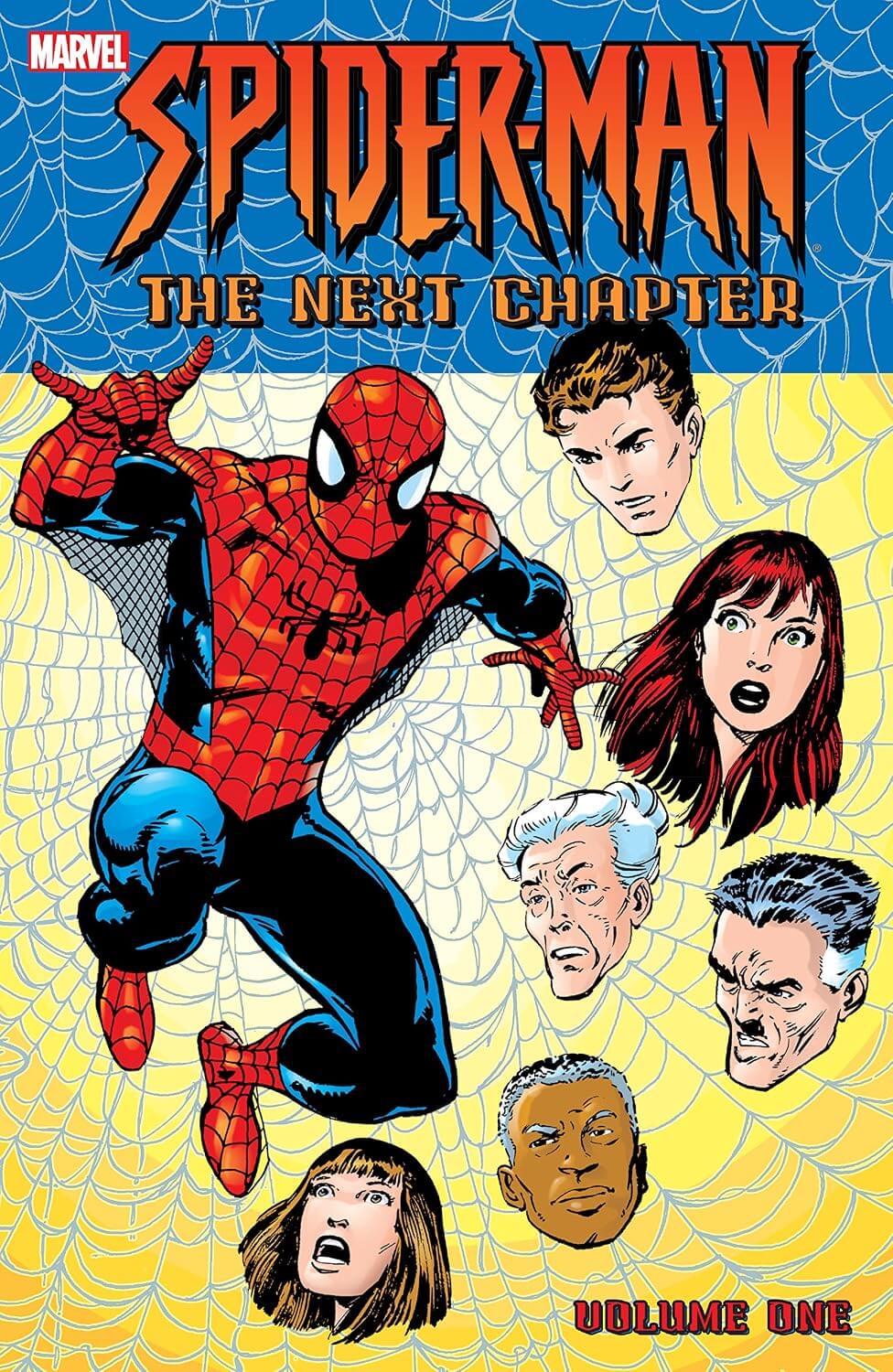 Front cover of the Marvel comic book 'Spider-Man: The Next Chapter Volume One', featuring Spider-Man in his classic red and blue suit on a yellow and blue background with stylized comic illustrations of other characters.