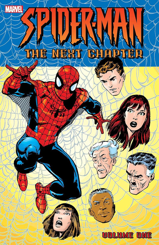 Front cover of the Marvel comic book 'Spider-Man: The Next Chapter Volume One', featuring Spider-Man in his classic red and blue suit on a yellow and blue background with stylized comic illustrations of other characters.