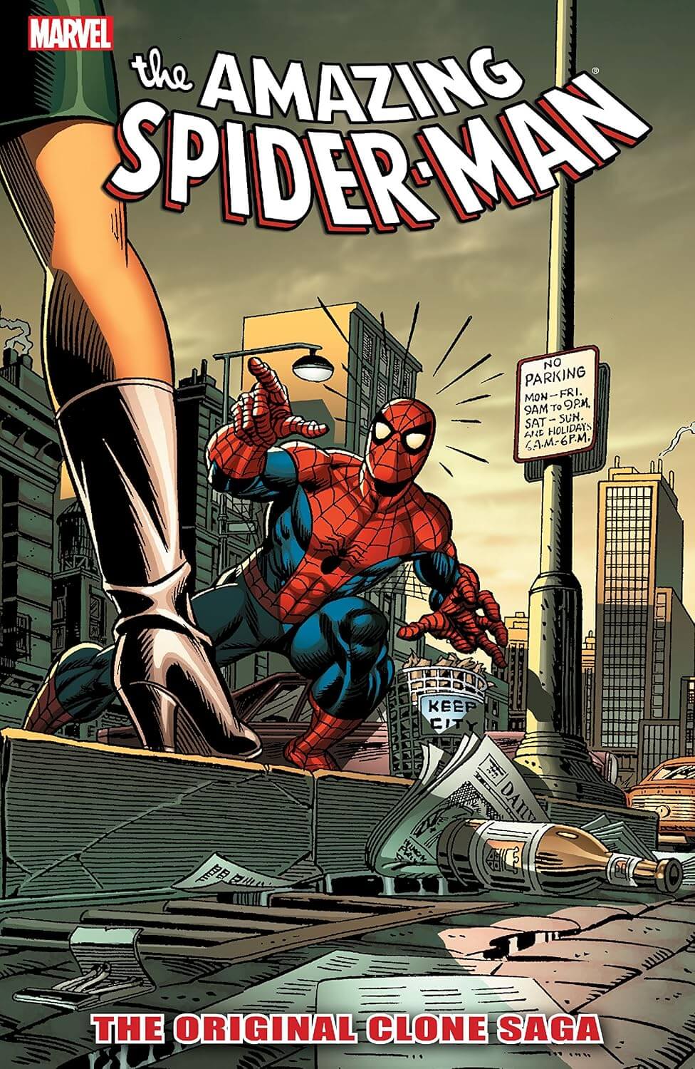 Marvel's The Amazing Spider-Man: The Original Clone Saga comic book cover, featuring Spider-Man in his red and blue suit crouching on a rooftop in a cityscape, with a large boot in the foreground and the title at the top.