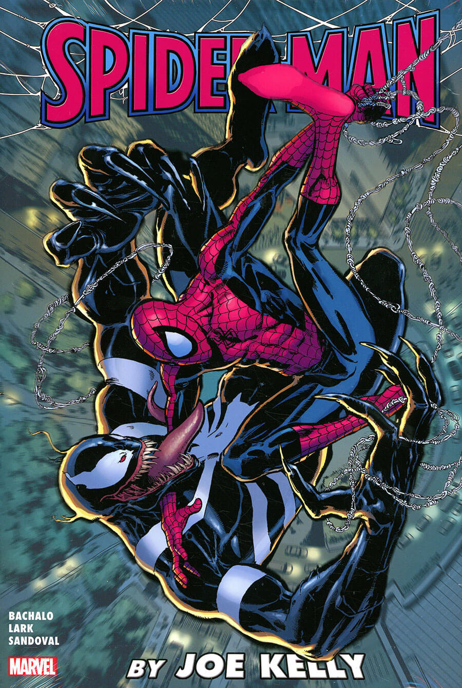 Comic book cover for Spider-Man: By Joe Kelly, featuring Spider-Man and Venom in a dynamic battle pose against a cityscape background, with the Marvel logo in the bottom left corner.