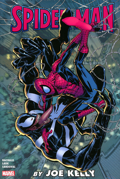 Comic book cover for Spider-Man: By Joe Kelly, featuring Spider-Man and Venom in a dynamic battle pose against a cityscape background, with the Marvel logo in the bottom left corner.