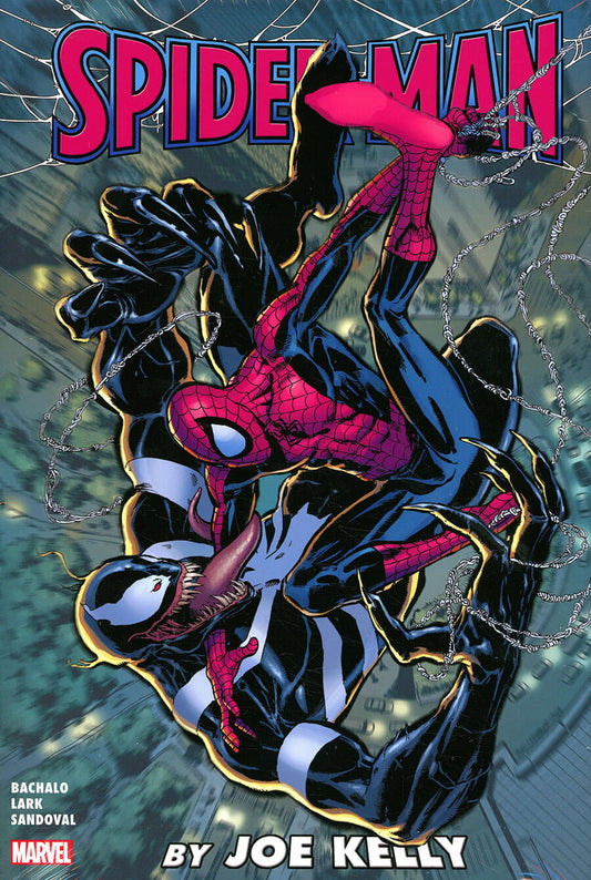 Comic book cover for Spider-Man: By Joe Kelly, featuring Spider-Man and Venom in a dynamic battle pose against a cityscape background, with the Marvel logo in the bottom left corner.