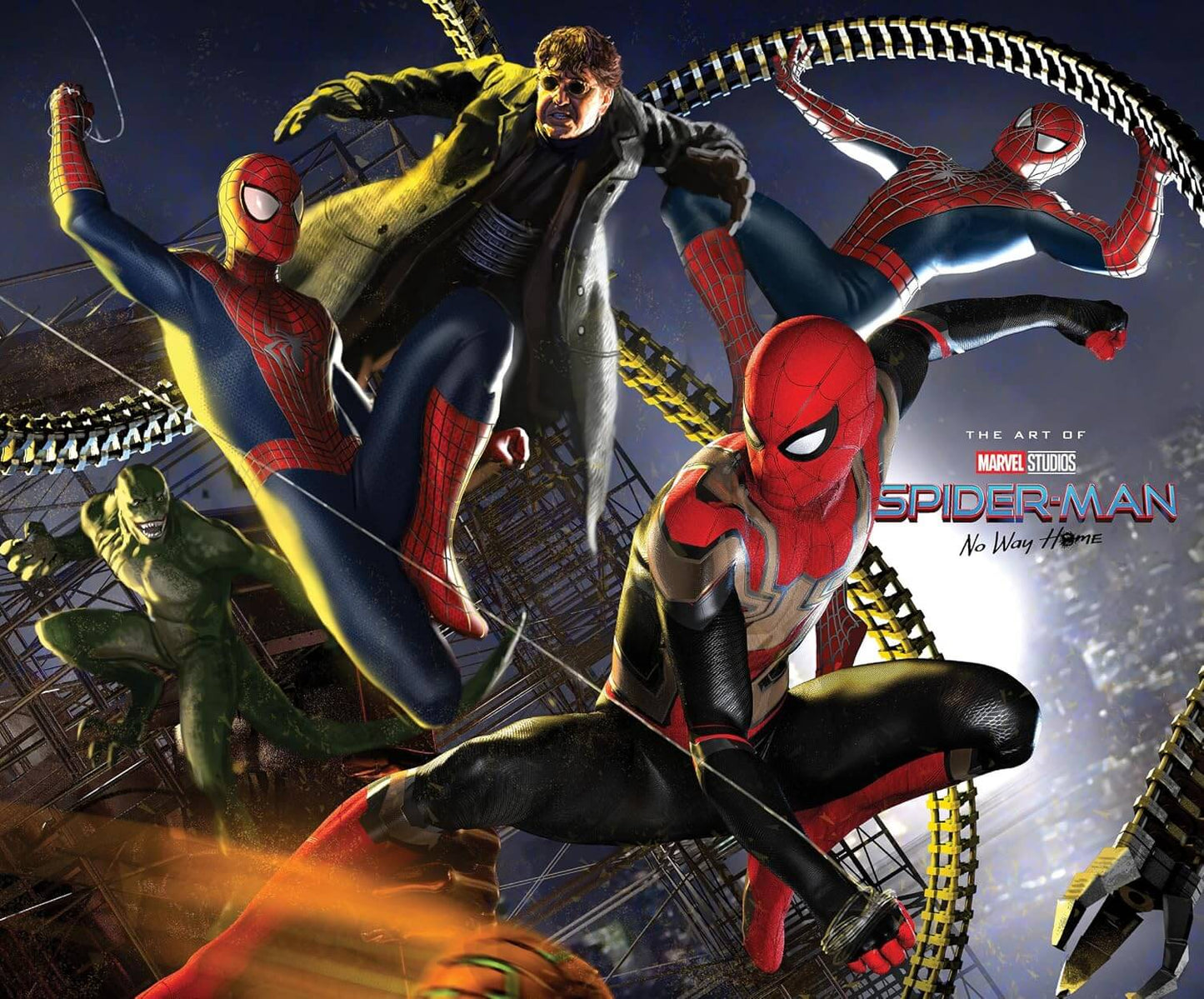 Cover of the book 'Spider-Man No Way Home Art of the Movie HC' featuring illustrated characters Spider-Man, Peter Parker, and others in dynamic poses against a cityscape background.