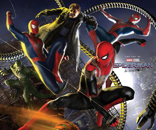 Cover of the book 'Spider-Man No Way Home Art of the Movie HC' featuring illustrated characters Spider-Man, Peter Parker, and others in dynamic poses against a cityscape background.