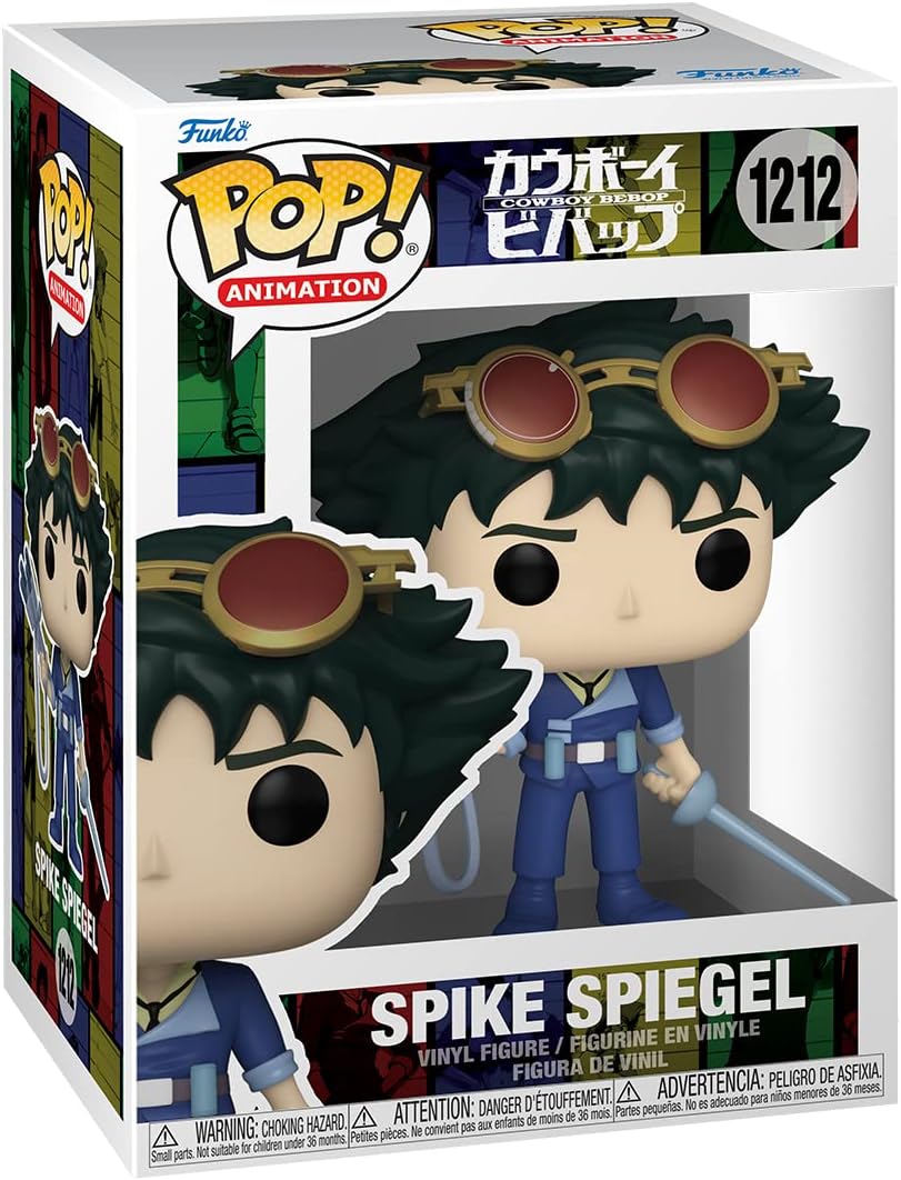 Funko Pop! Animation figure packaging with Spike Spiegel, featuring Funko logo and product details.