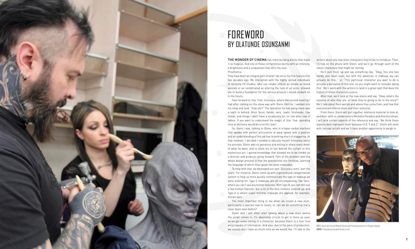 A printed book or magazine spread showing a foreword page with text and a small inset photo. The left side features a bearded man with tattoos painting a person in a gray costume, while the right side contains the title 'FOREWORD BY OLATUNDE OSUNSANMI' and columns of text.