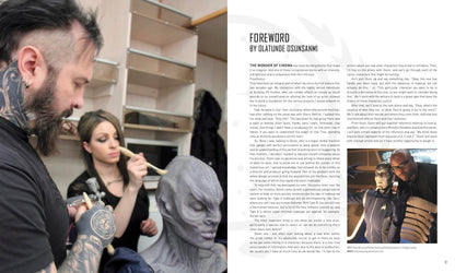 A printed book or magazine spread showing a foreword page with text and a small inset photo. The left side features a bearded man with tattoos painting a person in a gray costume, while the right side contains the title 'FOREWORD BY OLATUNDE OSUNSANMI' and columns of text.