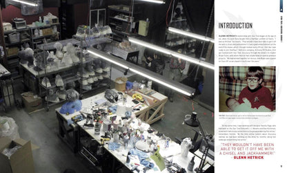 A magazine-style interior page showing a large photo of a cluttered workshop or studio with shelves, tables, tools, and hanging items, alongside a printed article section titled 'INTRODUCTION' with text and a small inset photo of a child.