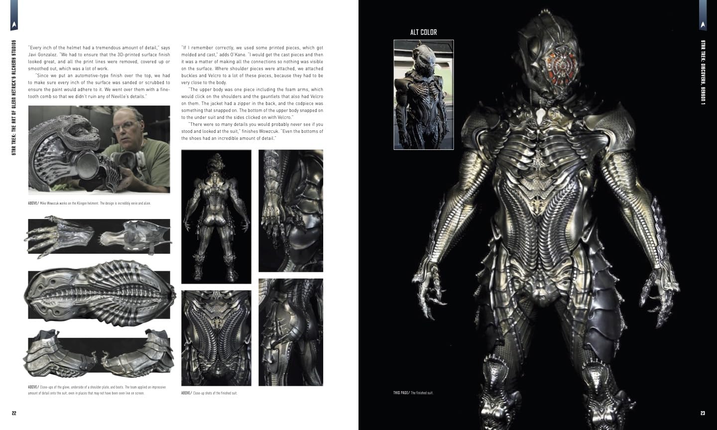 An open book spread showing printed pages on the left and a large black-background artwork on the right of a metallic alien-like armored character. The right panel includes a small inset labeled 'ART COLOR' and several technical design views with text on the left page.