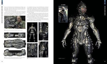 An open book spread showing printed pages on the left and a large black-background artwork on the right of a metallic alien-like armored character. The right panel includes a small inset labeled 'ART COLOR' and several technical design views with text on the left page.