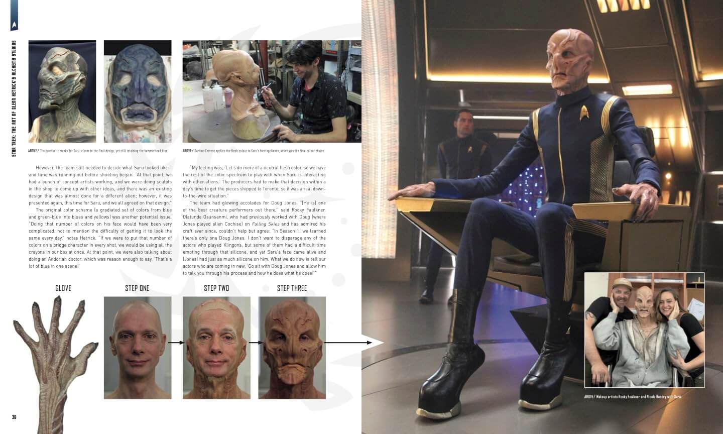A magazine or book spread featuring an article about sculpting the character Ogle from Star Trek, with step-by-step facial prosthetic photos on the left and a large photo of the completed prosthetic worn by an actor on the right.