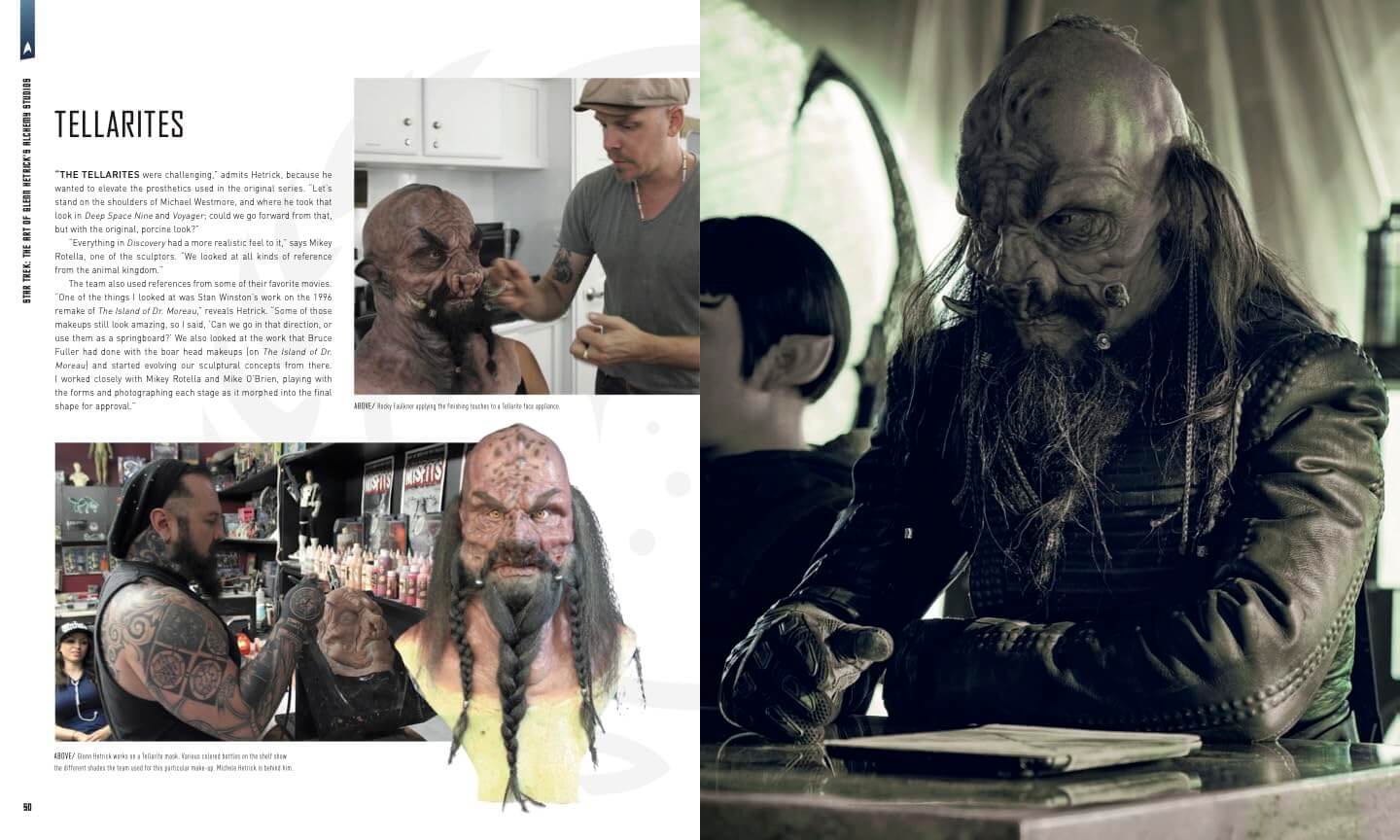 A magazine-style spread featuring a large photo of a person wearing an elaborate alien or monster mask and leather outfit, alongside smaller inset photos and text titled 'TELLARITES.' This is not a clean product shot, and the real person/environment are present, so the best fit is Lifestyle rather than Product/Packaging or Instruction Diagram.
