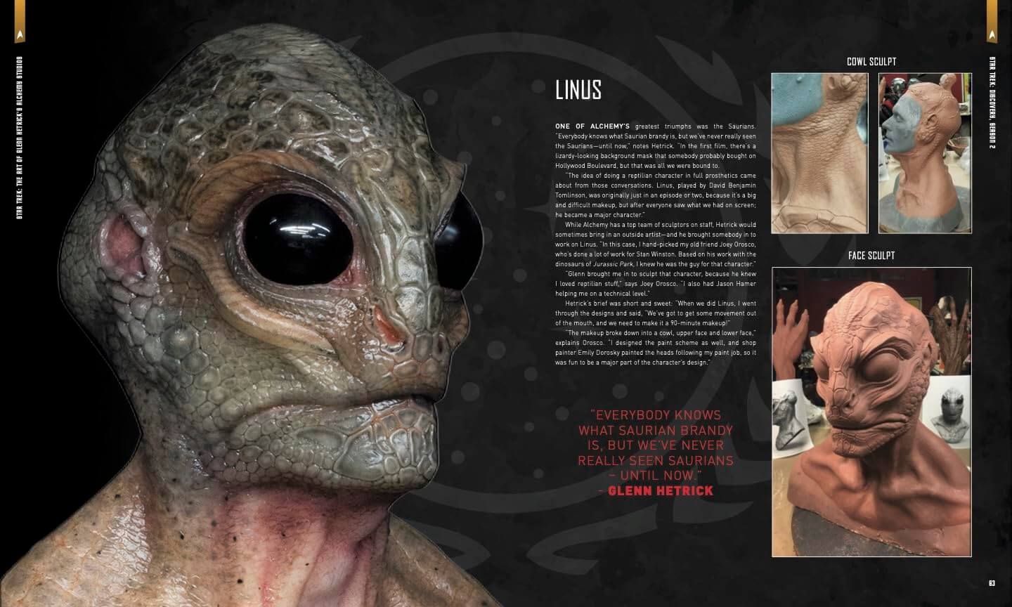 A printed or digital booklet/page spread featuring a large sculpted head resembling an alien or creature on the left, with text about 'LINUS' and smaller before/after sculpt photos on the right. This is not a clean product shot of a physical item being sold, and it is not a measurement chart, color swatch, instruction diagram, scenery, or placeholder.