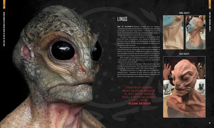 A printed or digital booklet/page spread featuring a large sculpted head resembling an alien or creature on the left, with text about 'LINUS' and smaller before/after sculpt photos on the right. This is not a clean product shot of a physical item being sold, and it is not a measurement chart, color swatch, instruction diagram, scenery, or placeholder.