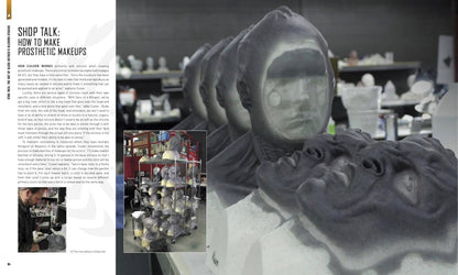 A magazine or book spread featuring an article titled 'SHOP TALK: HOW TO MAKE PROSTHETIC MAKEUPS' with a large grayscale photo of sculpted prosthetic faces and a small inset photo showing a workspace with prosthetic displays.