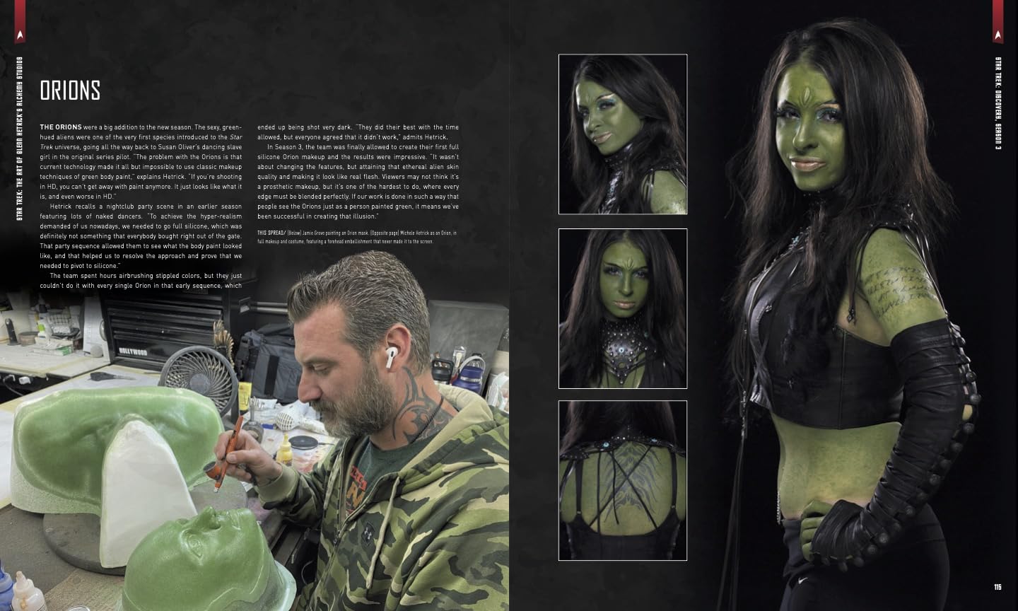 A printed magazine or book spread featuring an article about the character Orions, with text on the left and a large photo of a woman styled as Orions on the right, alongside three smaller inset photos of the character.