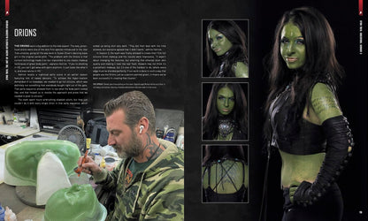 A printed magazine or book spread featuring an article about the character Orions, with text on the left and a large photo of a woman styled as Orions on the right, alongside three smaller inset photos of the character.