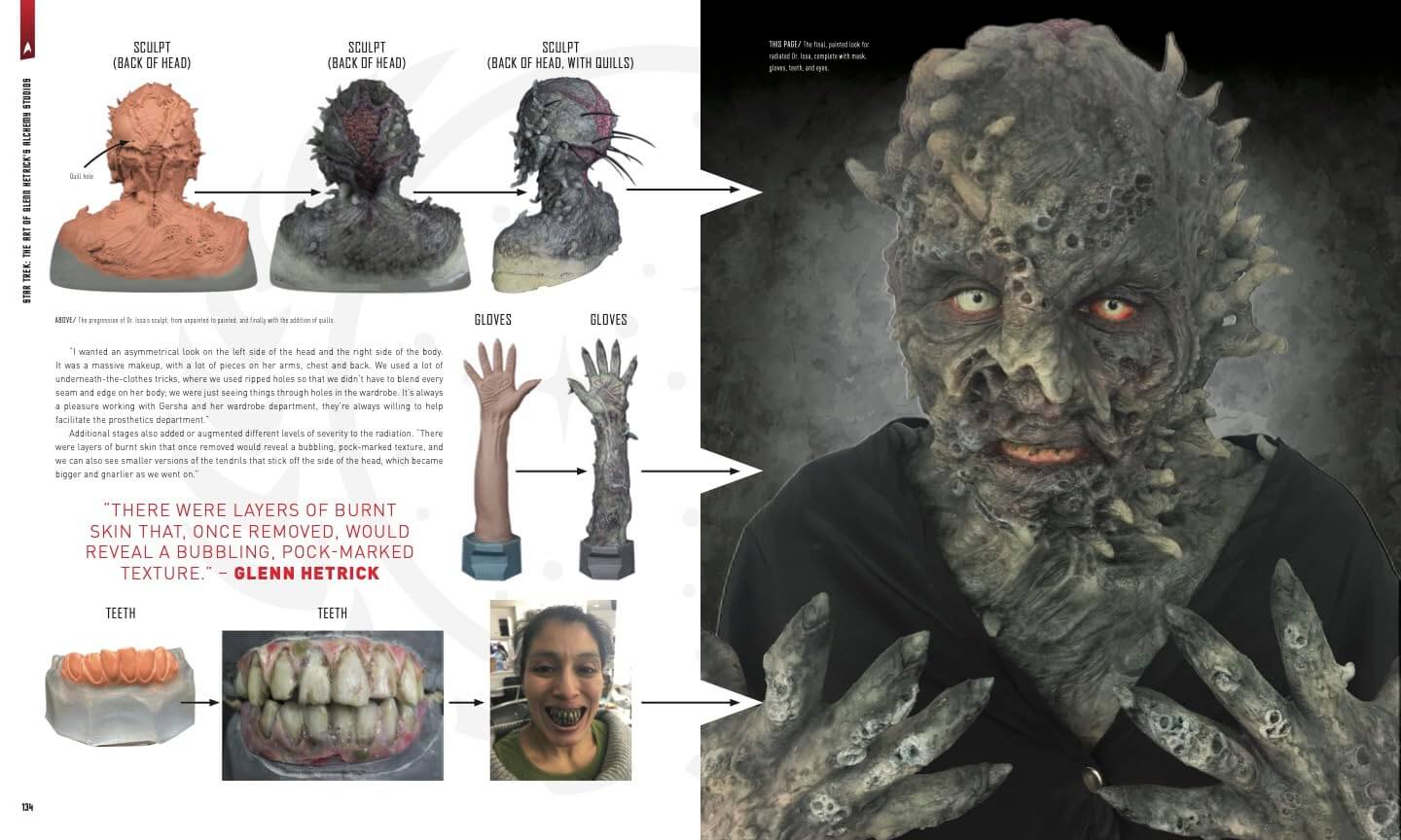 A printed page or booklet spread showing sculptural and prosthetic makeup examples, including a large creature face on the right and smaller reference photos and diagrams on the left, with text and arrows explaining the process.