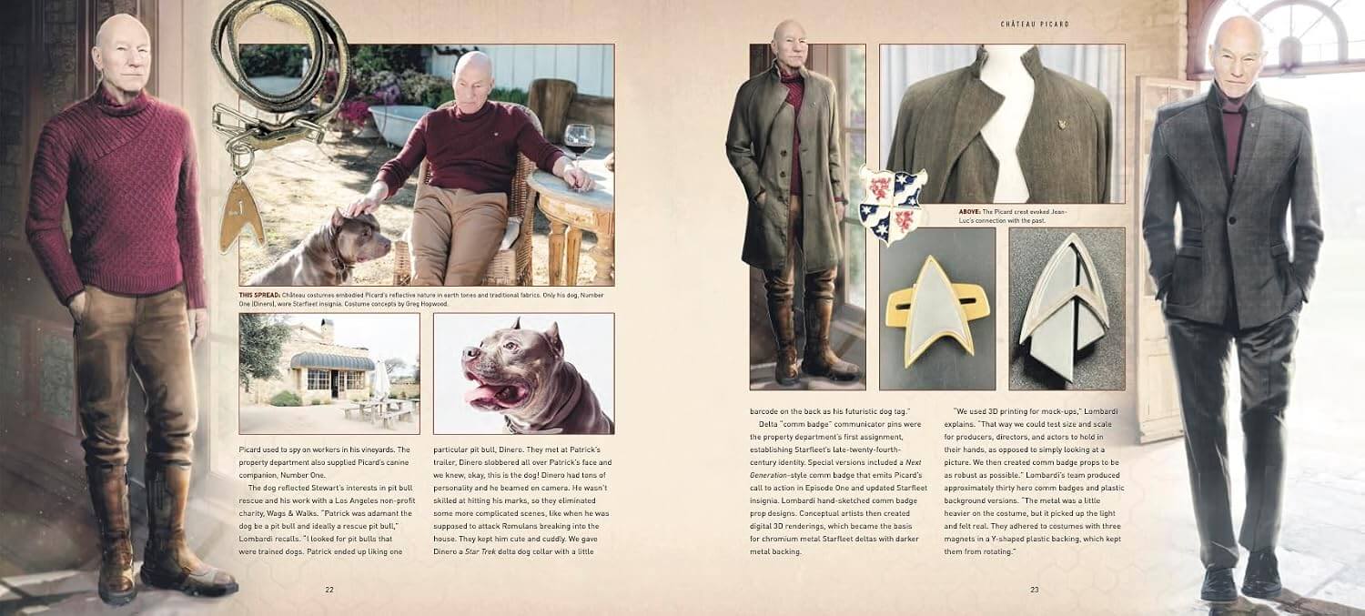 A printed magazine or book spread featuring multiple photos of a man dressed in different outfits, with text blocks and small inset images. The visible person appears bald and wears a burgundy sweater, brown pants, a gray coat, and a dark suit, along with accessories including a gold Star Trek-style delta insignia and a white Star Trek-style delta insignia.