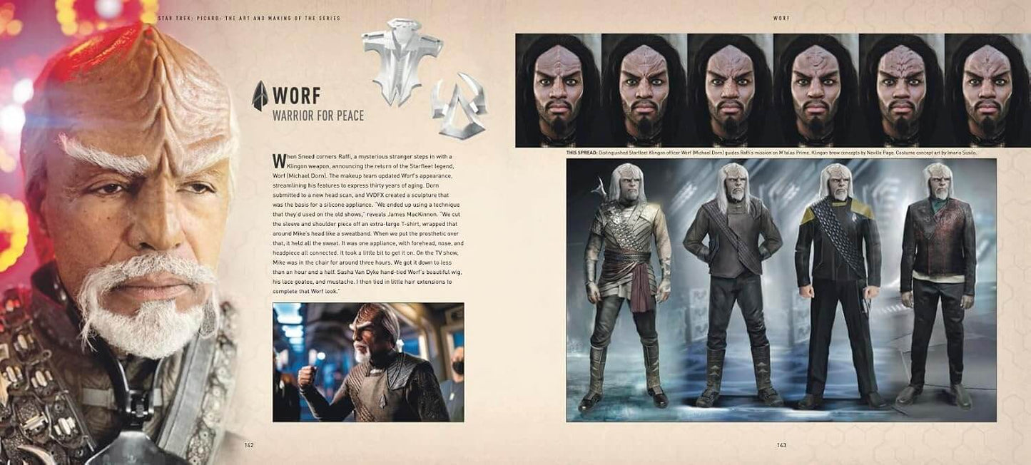 A printed page or booklet spread featuring concept art and character designs for 'Worf Warrior for Peace,' with a large close-up portrait on the left, text blocks, small action photos, floating silver shield icons, and a row of character head renders above a group of armored character figures on the right.